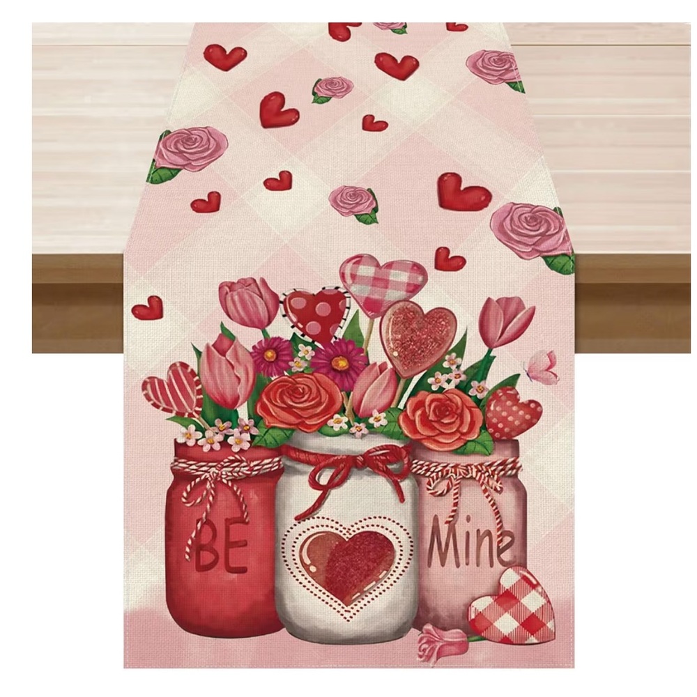 Valentine Floral Jar Table Runner - Pink & Red Heart Design NWT 13x90 inch.